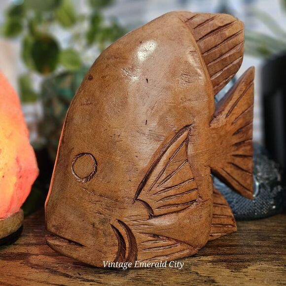 Vtg Hand Carved Cedar Wooden Fish Sculpture Mid Century Ocean Life 3D Brown Boho - Picture 2 of 12